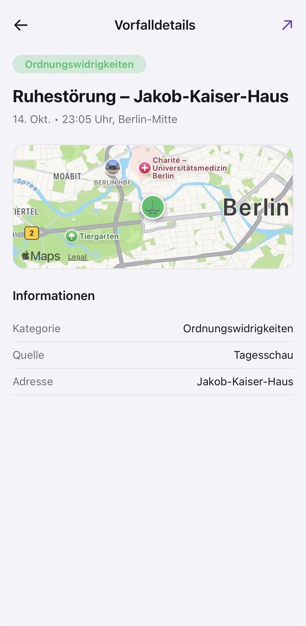 Detailansicht eines Ereignisses mit Karte, Kategorie, Quelle und Adresse