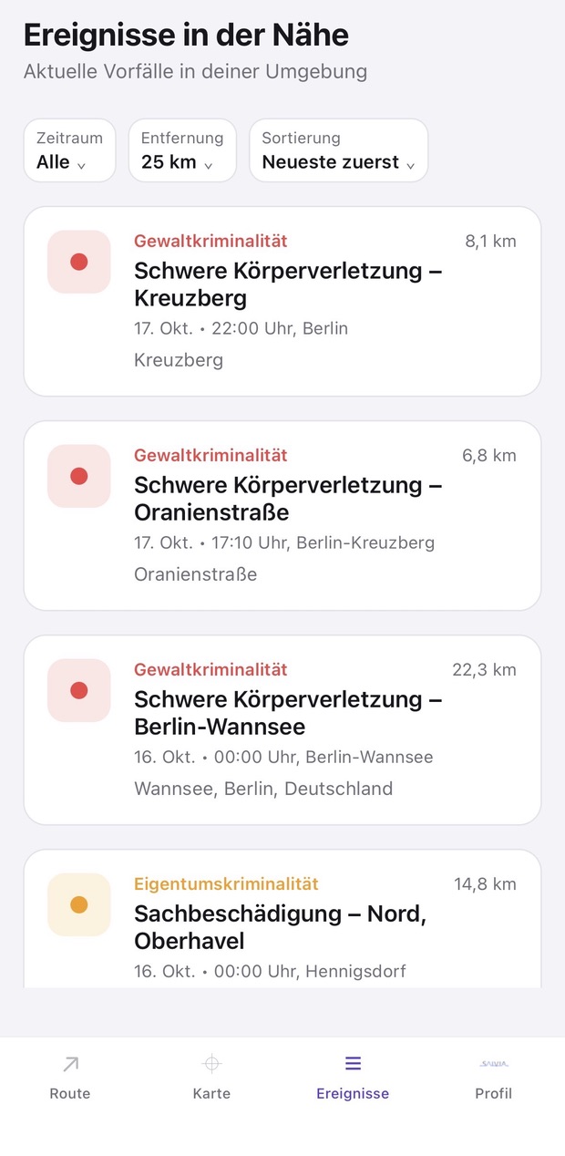 Ereignisliste mit Filtern für Zeitraum, Entfernung und Sortierung