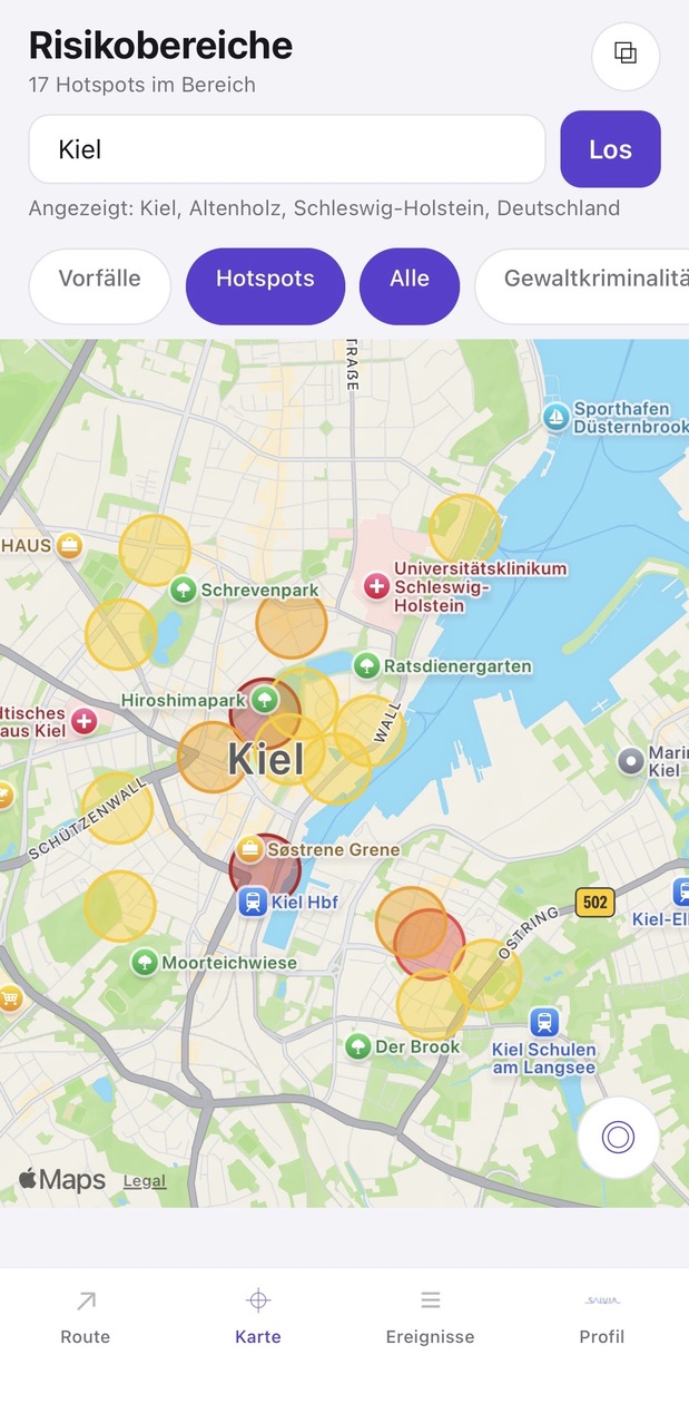 Hotspot-Ansicht der sAIvia-Karte in Kiel