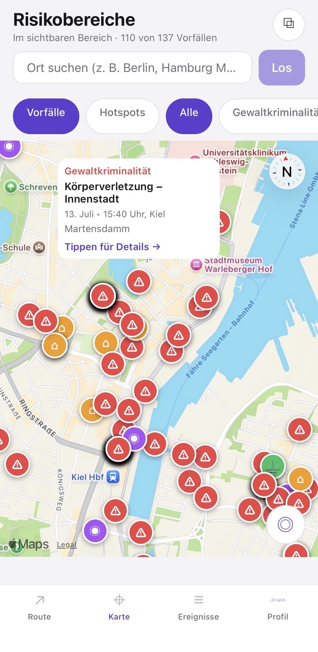sAIvia-Karte mit gemeldeten Vorfällen in Kiel und geöffneter Kurzinfo