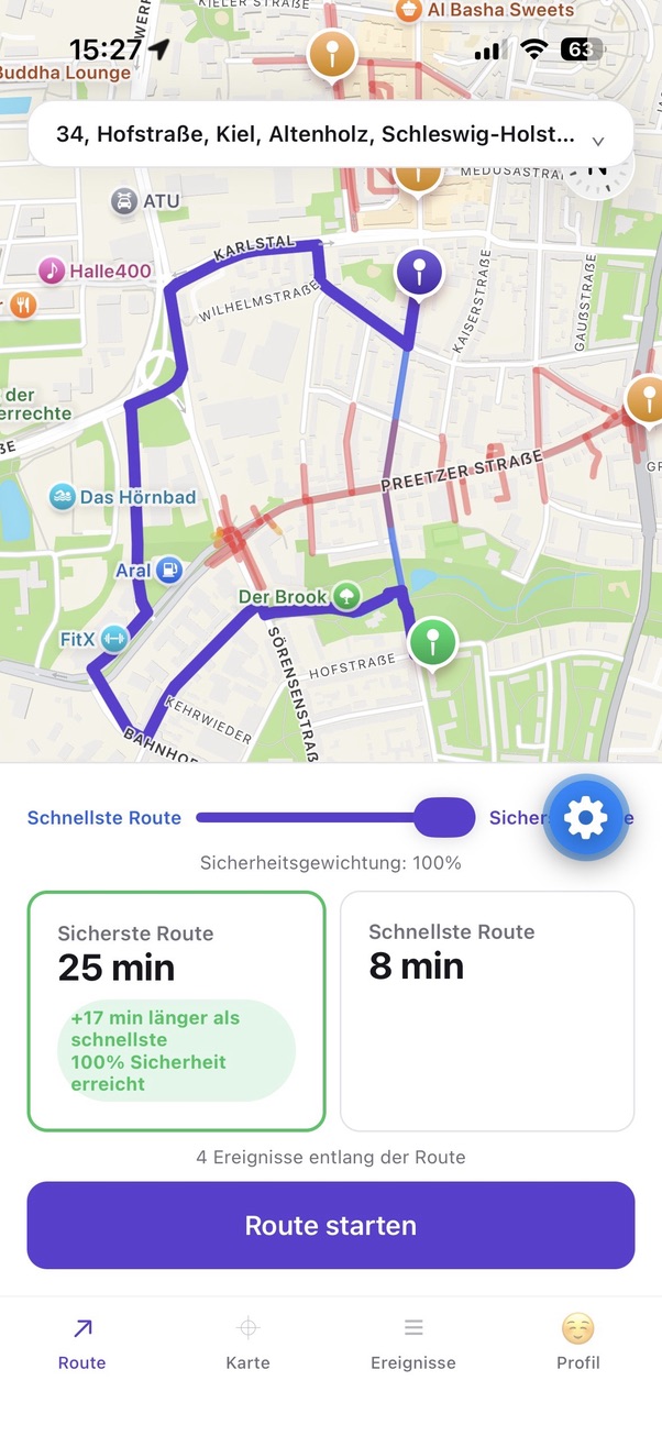 sAIvia-Routenvergleich in Kiel: Karte mit zwei Wegen und Vergleich der Fahrtzeiten